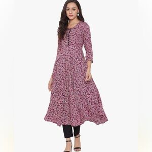 Tissu NWT L Womans A-line 100% rayon Kurta gray paisley pink buttons midi dress